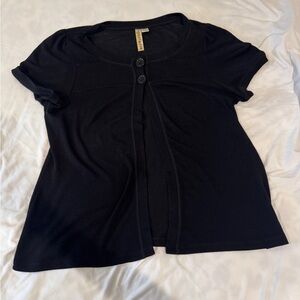 Eyeshadow Black Short Sleeve Button-Front Cardigan Top - Textured Yoke Boho